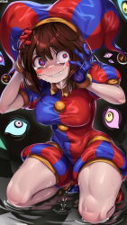 Rule 34 | 1girl, asymmetrical gloves, blue gloves, blush stickers, bodysuit, breasts, brown hair, checkered floor, constricted pupils, disembodied eye, gloves, hat, highres, jester, jester cap, jester costume, jester girl, jester outfit, jestussy, kneeling, large breasts, messy hair, mismatched gloves, multicolored eyes, pale skin, pomni (the amazing digital circus), red gloves, scared, smile, solo, tears, the amazing digital circus, water, wavy mouth, zzo0