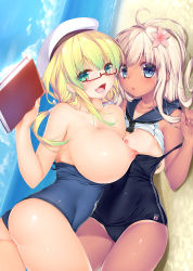 Rule 34 | 2girls, :d, :o, absurdres, artist name, asymmetrical docking, bare shoulders, beach, blush, book, breast press, breasts, covered navel, crop top, day, flower, glasses, hair flower, hair ornament, hat, highres, huge breasts, i-8 (kancolle), kantai collection, looking at viewer, low twintails, multiple girls, nipples, obiwan, one-piece swimsuit, one-piece tan, open mouth, peaked cap, red-framed eyewear, ro-500 (kancolle), sailor collar, scan, school swimsuit, semi-rimless eyewear, small breasts, smile, swimsuit, tan, tanline, twintails, under-rim eyewear