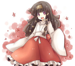 Rule 34 | 1boy, alluka zoldyck, androgynous, bad id, bad pixiv id, blunt bangs, brown hair, hair ornament, hairband, hands in opposite sleeves, hunter x hunter, japanese clothes, long hair, male focus, miko, multi-tied hair, naruno kaede, open mouth, purple eyes, smiley face, solo, trap