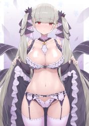 Rule 34 | absurdly long hair, azur lane, bare shoulders, between breasts, black bra, blush, bra, breasts, cleavage, cowboy shot, crystal shoujo, dress, formidable (azur lane), frilled bra, frilled dress, frills, garter belt, gradient background, grey hair, highres, large breasts, long hair, navel, panties, red eyes, skirt hold, thighhighs, twintails, two-tone dress, two-tone ribbon, underwear, very long hair, white panties, white thighhighs