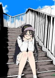 Rule 34 | 1girl, baseball cap, black-framed eyewear, black hair, black hat, blue eyes, blue sky, blush, closed mouth, cloud, commentary request, day, glasses, hat, head rest, highres, idolmaster, idolmaster shiny colors, jacket, knees together feet apart, light smile, long hair, looking at viewer, miniskirt, mitsumine yuika, osomatsu (nanameno), outdoors, print skirt, railing, shadow, sitting, sitting on stairs, skirt, sky, sleeves past wrists, socks, solo, stairs, stairwell, twintails, white skirt, white socks