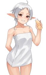 Rule 34 | 1girl, bottle, elf, grey hair, highres, holding, holding bottle, looking at viewer, mushoku tensei, orange eyes, pointy ears, simple background, solo, syagare, sylphiette (mushoku tensei), towel, white background