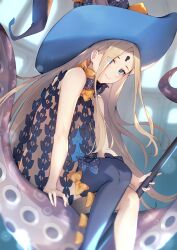 Rule 34 | 1girl, abigail williams (fate), abigail williams (second ascension) (fate), bare shoulders, black bow, black hat, black panties, black thighhighs, blonde hair, blue eyes, blush, bow, breasts, dress, eyes visible through hair, fate/grand order, fate (series), forehead, hair bow, hat, highres, keyhole, long hair, looking at viewer, nakaga eri, navel, orange bow, panties, parted bangs, polka dot, polka dot bow, single thighhigh, sitting, small breasts, smile, solo, staff, thighhighs, thighs, underwear, witch hat