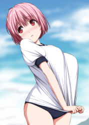 Rule 34 | 1girl, alternate costume, bad anatomy, blue sky, blush, breasts, buruma, cloud, commentary request, cowboy shot, day, gym shirt, gym uniform, hair between eyes, highres, large breasts, no headwear, nori tamago, nose blush, parted lips, pink hair, puffy short sleeves, puffy sleeves, red eyes, saigyouji yuyuko, shirt, shirt tug, short hair, short sleeves, sky, solo, standing, touhou, white shirt