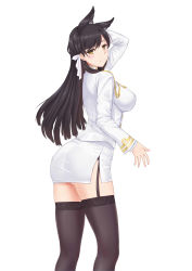 Rule 34 | 1girl, absurdres, animal ears, arm up, atago (azur lane), azur lane, bad id, bad pixiv id, black hair, black thighhighs, blush, breasts, chenche-jun, closed mouth, garter straps, gloves, graphite (medium), highres, lips, long hair, long sleeves, looking at viewer, medium breasts, miniskirt, mole, mole under eye, pencil skirt, shiny skin, side slit, simple background, skirt, solo, thighhighs, thighs, traditional media, uniform, white gloves, yellow eyes, zettai ryouiki
