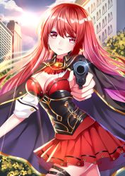 Rule 34 | 1girl, aiming, aiming at viewer, akuma (ogino-m), backlighting, breasts, building, cape, cleavage, closed mouth, cloud, cloudy sky, corset, day, detached collar, diffraction spikes, dress, earrings, eyes visible through hair, finger on trigger, fingernails, foreshortening, glint, gun, hand up, handgun, holding, holding gun, holding weapon, jewelry, lens flare, light rays, long hair, looking at viewer, medium breasts, miniskirt, original, outdoors, pistol, pleated skirt, pointing, pointing at viewer, red dress, red eyes, red hair, red skirt, short hair, skirt, sky, sleeves past elbows, solo, sunbeam, sunlight, thigh strap, tree, weapon