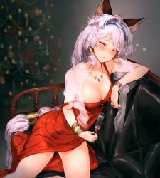 Rule 34 | 10s, alcohol, animal ears, bare shoulders, blush, bracelet, braid, breasts, cat ears, cleavage, couch, cup, dress, drinking glass, drunk, erune, closed eyes, granblue fantasy, hairband, heles, jewelry, large breasts, long hair, necklace, neo-masterpeacer, red dress, ring, silver hair, single braid, sitting, solo, wine, wine glass