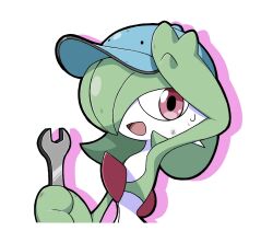 Rule 34 | blue headwear, colored skin, creatures (company), dirt, envi55109095, game freak, gardevoir, gen 3 pokemon, green hair, hair over one eye, hat, highres, holding, holding wrench, looking at viewer, multicolored skin, nintendo, open mouth, pink eyes, pokemon, pokemon (creature), simple background, sweatdrop, two-tone skin, white background, white skin, wrench