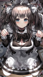 Rule 34 | 1girl, absurdres, animal ear fluff, animal ears, apron, bad id, bad pixiv id, black bow, black bowtie, black choker, black hair, blue eyes, blush, bow, bowtie, breasts, cat ears, choker, cleavage, clenched hands, d:, full body, highres, indol, large breasts, long hair, long sleeves, looking at viewer, maid, maid headdress, open mouth, original, sitting, solo, two side up, v-shaped eyebrows, white apron