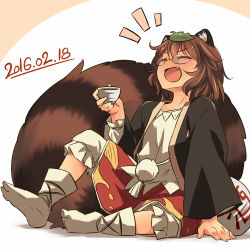 Rule 34 | 1girl, 2016, animal ears, bloomers, bottle, brown hair, dated, closed eyes, fang, full body, futatsuiwa mamizou, japanese clothes, laughing, leaf, leaf on head, long sleeves, open mouth, pants, raccoon ears, raccoon tail, sake bottle, sitting, sitting on lap, sitting on person, skirt, solo, tail, touhou, underwear, wavy hair, yudepii
