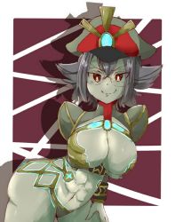 Rule 34 | 1girl, abs, breasts, colored skin, glasses, green skin, large breasts, military, military uniform, muscular, newt (xenoblade), nintendo, revealing clothes, short hair, solo, uniform, xenoblade chronicles (series), xenoblade chronicles 2