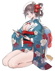 Rule 34 | 1girl, barefoot, blue eyes, blue kimono, blush, breasts, brown hair, cleavage, collar, earrings, flower, hair flower, hair ornament, hand fan, holding, holding fan, japanese clothes, jewelry, kimono, kurumi (recycllamo), legs, long sleeves, looking at viewer, medium hair, original, parted lips, red flower, sitting, solo, wide sleeves