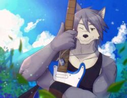 Rule 34 | 1boy, animal ears, artist name, black shirt, black tank top, black wristband, blue sky, chalse31, cloud, commentary, dated, dog boy, dog ears, dog tags, english commentary, falling leaves, furry, furry male, guitar, highres, holding, holding guitar, holding instrument, hugging object, instrument, jewelry, kouya aotsuki, leaf, looking at viewer, male focus, morenatsu, necklace, one eye closed, shirt, sky, sleeveless, sleeveless shirt, tank top, wristband, yellow eyes