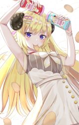 Rule 34 | 1girl, armpits, arms up, blonde hair, can, chips (food), food, food in mouth, hair ornament, hairclip, highres, hololive, horns, inaka 44, long hair, looking at viewer, mouth hold, potato chips, purple eyes, sheep girl, sheep horns, shirt, sleeveless, sleeveless shirt, smile, solo, tsunomaki watame, tsunomaki watame (street casual), very long hair, virtual youtuber, white shirt