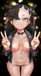 Rule 34 | 1girl, asymmetrical bangs, black choker, black hair, black jacket, black panties, blue eyes, blurry, blurry background, blush, breasts, choker, closed mouth, collarbone, cowboy shot, creatures (company), depth of field, double v, earrings, expressionless, female focus, forehead, game freak, groin, hair ribbon, hands up, jacket, jewelry, light blush, long sleeves, looking at viewer, marnie (pokemon), medium breasts, multicolored hair, navel, nintendo, nipples, no pants, no shirt, open clothes, open jacket, panties, pingqiong xiansheng, pokemon, pokemon swsh, red ribbon, ribbon, shiny skin, single earring, skindentation, solo, standing, stomach, straight-on, string panties, twintails, two-tone hair, undercut, underwear, v, white hair