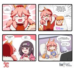 Rule 34 | 3girls, alternate costume, alternate hairstyle, animal ear fluff, animal ears, animal hands, bell, black hair, cat paws, chips (food), cloak, closed eyes, collar, collarbone, dual persona, eating, english text, engrish text, fangs, fate/grand order, fate (series), food, fox ears, fox girl, fox tail, glasses, gloves, hairband, highres, jingle bell, keita naruzawa, long hair, mini person, minigirl, multiple girls, neck bell, one eye closed, open mouth, origami, osakabehime (fate), paw gloves, pink cloak, purple eyes, ranguage, speech bubble, sweat, sweatdrop, tail, tamamo (fate), tamamo cat (fate), twintails, very long hair