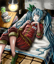 Rule 34 | 1girl, bad id, bad pixiv id, blue eyes, blue hair, book, can, cup ramen, food, hatsune miku, light bulb, long hair, lying, matching hair/eyes, name tag, newspaper, noodles, ramen, sleeves pushed up, socks, solo, tea, track suit, twintails, uzumaki hiyoko, very long hair, vocaloid, watanore, world is mine (vocaloid)