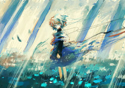 Rule 34 | 1girl, black dress, black hair, blue dress, brown hair, closed mouth, dissolving, dress, grass, highres, long sleeves, looking at viewer, looking to the side, multicolored hair, original, ototoi (eevees813), short hair, signature, slit pupils, solo, sparkle, standing, white hair, wind, yellow eyes
