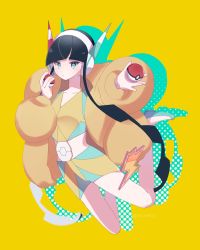 Rule 34 | 1girl, bad id, bad twitter id, bike shorts, black hair, blunt bangs, closed mouth, collarbone, commentary, creatures (company), down jacket, dzuke (zkchan 0), elesa (pokemon), flats, full body, fur jacket, game freak, green eyes, headphones, highres, holding, holding poke ball, jacket, long sleeves, looking at viewer, nintendo, open clothes, open jacket, outstretched arm, poke ball, poke ball (basic), pokemon, pokemon bw2, short hair with long locks, symbol-only commentary, yellow background, yellow jacket