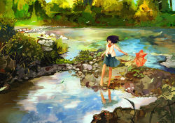 Rule 34 | 1girl, barefoot, black hair, blouse, bow, bowtie, gemi, leaf, long hair, long sleeves, navel, original, outdoors, plant, pleated skirt, reflection, rock, scenery, shirt, skirt, sleeves pushed up, solo, standing, stream, umbrella, unbuttoned, uniform, water, white shirt, wind