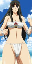 Rule 34 | 1girl, absurdres, angry, bandages, bell, black hair, breasts, female focus, fundoshi, highres, japanese clothes, large breasts, long hair, purple eyes, queen&#039;s blade, sky, solo, standing, stitched, summer, third-party edit, tomoe (queen&#039;s blade)