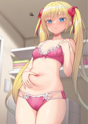 Rule 34 | 1girl, alexmaster, bare arms, bare shoulders, blonde hair, blue eyes, blurry, bow, bra, breasts, cowboy shot, depth of field, frown, hair between eyes, hair bow, hand on own stomach, hand up, indoors, long hair, looking at viewer, multi-strapped panties, navel, original, panties, pink bra, pink panties, plump, small breasts, solo, standing, stomach, thighs, twintails, underwear, underwear only, very long hair, wavy mouth