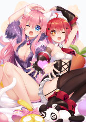 Rule 34 | &gt; &lt;, 2girls, ;d, ahoge, animal ears, arm up, bare legs, bare shoulders, bed sheet, black footwear, black gloves, black legwear, blue eyes, blush, boots, bow, breasts, brooch, cat ears, cat tail, cleavage, closed eyes, clothes writing, convenient leg, cross-laced clothes, cross-laced footwear, detached collar, dress, eyebrows, eyelashes, fingerless gloves, fur trim, garter straps, gem, glint, gloves, glowing, hair ornament, hairclip, heart, heart-shaped pupils, heart arms duo, highres, jewelry, knees up, lace trim, large breasts, long hair, looking at viewer, maid headdress, medium breasts, multiple girls, mvv, navel, necktie, on bed, one eye closed, open mouth, original, outstretched arm, palms, pink bow, pink hair, platform footwear, red eyes, red hair, red necktie, shiny skin, short dress, short sleeves, sitting, skindentation, smile, star-shaped pupils, star (symbol), starry background, strapless, stuffed animal, stuffed cat, stuffed toy, symbol-shaped pupils, tail, teardrop, thighhighs, twintails, underbust, vivian (mvv), white background, xiao me