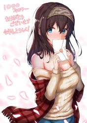 Rule 34 | 1girl, aiban, black hair, blue eyes, blush, breasts, cleavage, commentary request, covering own mouth, envelope, hair between eyes, hairband, highres, holding, holding envelope, idolmaster, idolmaster cinderella girls, large breasts, letter, long hair, looking at viewer, love letter, off-shoulder, off-shoulder sweater, off shoulder, petals, plaid shawl, ribbed sweater, sagisawa fumika, shawl, solo, sweater, translation request, upper body, white background, white sweater