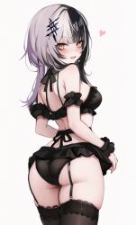 Rule 34 | 1girl, ass, ass focus, bare shoulders, black bra, black hair, black panties, black thighhighs, blunt bangs, blush, bra, breasts, choker, commentary, cowboy shot, english commentary, from behind, garter straps, grey hair, hair ornament, hairclip, heart, highres, hololive, hololive english, koahri, lace, lace-trimmed bra, lace-trimmed panties, lace-trimmed thighhighs, lace trim, long hair, looking at viewer, looking back, medium breasts, multicolored hair, no pants, open mouth, orange eyes, panties, shiori novella, shiori novella (1st costume), smile, solo, split-color hair, teeth, thighhighs, thighs, two-tone hair, underwear, underwear only, upper teeth only, virtual youtuber, white hair, yellow eyes