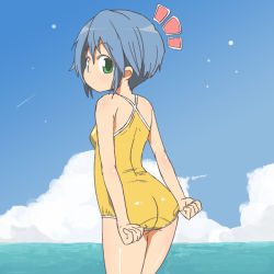 Rule 34 | adjusting clothes, adjusting swimsuit, blue hair, competition swimsuit, green eyes, looking back, nemuro nao, one-piece swimsuit, original, short hair, solo, swimsuit