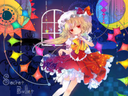 Rule 34 | 1girl, aquarius (constellation), asymmetrical clothes, blonde hair, bow, capricorn (constellation), colored eyelashes, crescent, eyelashes, female focus, finger to mouth, flandre scarlet, gemini (constellation), hat, leo (constellation), libra (constellation), mob cap, pisces (constellation), red eyes, ribbon, sagittarius (constellation), side ponytail, single thighhigh, skirt hold, solo, star (symbol), thighhighs, torii sumi, torn clothes, touhou, vampire, virgo (constellation), white thighhighs, wings