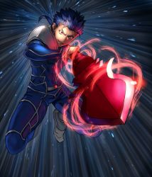 Rule 34 | 1boy, armor, blue hair, bodysuit, covered navel, cu chulainn (caster) (fate), cu chulainn (fate), cu chulainn (fate/stay night), earrings, fate/grand order, fate/stay night, fate (series), gae bolg (fate), highres, holding, holding weapon, incoming attack, jewelry, long hair, male focus, none (kameko227), pauldrons, polearm, ponytail, red eyes, shoulder armor, skin tight, smile, solo, spear, spiked hair, weapon