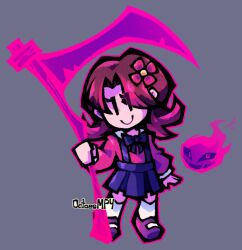 Rule 34 | 1girl, akumu (glitchtale), bete noire, brown hair, commentary, english commentary, glitchtale, grey background, holding, holding scythe, neck ribbon, octoes mp4, pink hair, ribbon, scythe, shoes, short hair, simple background, skirt, smile, solo