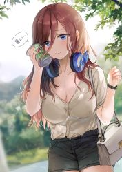 Rule 34 | 1girl, :o, bag, black shorts, blue eyes, blurry, blurry background, blush, bralines, breasts, can, cleavage, collarbone, day, go-toubun no hanayome, hair between eyes, hair over shoulder, handbag, headphones, headphones around neck, highres, holding, holding can, kanji, large breasts, leaf, long hair, nakano miku, outdoors, red hair, saya (mychristian2), shirt, shirt tucked in, short sleeves, shorts, solo, speech bubble, summer, sweat, translation request, watch, white shirt