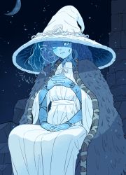 Rule 34 | 1girl, blue eyes, blue hair, blue skin, cloak, closed mouth, colored skin, cracked skin, dress, elden ring, extra arms, extra faces, fur cloak, hat, highres, jewelry, joints, kevin hong, long hair, looking at viewer, night, one eye closed, own hands together, ranni the witch, smile, solo, wavy hair, witch, witch hat