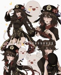 Rule 34 | 1girl, alternate hairstyle, black headwear, black nails, blush, braid, brown hair, collared shirt, criis-chan, double bun, fang, flower, flower-shaped pupils, genshin impact, ghost, hair bun, hair ornament, hat, hat flower, hu tao (genshin impact), jewelry, long hair, long sleeves, looking at viewer, nail polish, open mouth, pout, red eyes, red flower, red shirt, shirt, shorts, skin fang, smile, symbol-shaped pupils, teeth, twin braids, twintails, twitter username, upper teeth only