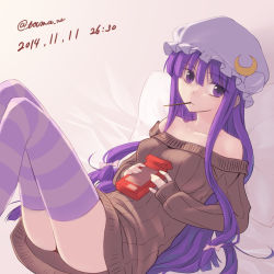 Rule 34 | 10s, 1girl, 2014, alternate costume, bare shoulders, bed, blunt bangs, blush, bow, box, breasts, crescent, dated, dress, eating, food, food in mouth, frills, from side, hair bow, hat, hat ornament, hellween, holding, indoors, knees up, long hair, long sleeves, looking at viewer, low-tied long hair, lying, mouth hold, off shoulder, on back, on bed, patchouli knowledge, pillow, pocky, pocky day, purple hair, purple thighhighs, sidelocks, sleeves past wrists, solo, striped clothes, striped thighhighs, sweater, sweater dress, thighhighs, touhou, twitter username, very long hair