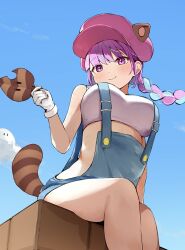 Rule 34 | 1girl, animal ears, arched back, blue hair, blue overalls, blue sky, braid, breasts, closed mouth, cloud, commentary, cosplay, ears through headwear, feet out of frame, floating hair, from below, gloves, hand up, hat, highres, hitsujisnow, holding, hololive, large breasts, light smile, long hair, looking at viewer, looking down, mario, mario (cosplay), mario (series), minato aqua, multicolored hair, nintendo, outdoors, overalls, pink eyes, pink hair, pink hat, raccoon ears, raccoon mario, raccoon tail, sitting, sky, solo, super mario bros. 3, tail, tail raised, thighs, two-tone hair, virtual youtuber, white gloves