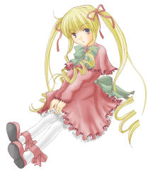 Rule 34 | 00s, 1girl, blonde hair, blue eyes, bow, dress, frilled dress, frills, full body, hair bow, pantyhose, pink dress, red footwear, rozen maiden, shinku, shoes, sitting, solo, twintails, white background, white pantyhose
