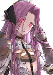 Rule 34 | 1girl, armor, clothing cutout, collar, commentary, eyes visible through hair, fate/grand order, fate (series), forehead, gauntlets, glowing, glowing eyes, hair ornament, highres, kdm (ke dama), long hair, looking at viewer, medusa (fate), medusa (saber) (fate), parted lips, pink hair, red eyes, shoulder armor, simple background, solo, straight hair, very long hair, white background