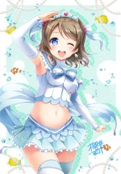 Rule 34 | 10s, 1girl, ;d, arm warmers, artist name, blue eyes, blue skirt, bow, bowtie, bracelet, brown hair, clownfish, earrings, fish, hair ornament, jewelry, looking at viewer, love live!, love live! school idol festival, love live! sunshine!!, midriff, navel, one eye closed, open mouth, sakurai makoto (custom size), salute, signature, skirt, smile, solo, swept bangs, thighhighs, watanabe you