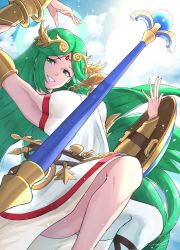 Rule 34 | 1girl, ancient greek clothes, arm up, armlet, armpits, bracer, breasts, chiton, cloud, commentary, dress, english commentary, floating, floating hair, floating object, floating weapon, forehead jewel, gold necklace, green eyes, green hair, grimmelsdathird, highres, jewelry, kid icarus, kid icarus uprising, large breasts, laurel crown, lips, long hair, necklace, nintendo, open mouth, palutena, parted bangs, shield, signature, single thighhigh, sky, smile, solo, staff, strapless, strapless dress, teeth, thighhighs, very long hair, weapon, white dress
