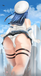 Rule 34 | 1girl, 2others, aircraft, alicemagic, ass, bad id, bad pixiv id, bare shoulders, black skirt, blue hair, blue skirt, breasts, building, cloud, day, destruction, double bun, elbow gloves, from behind, from below, giant, giantess, gloves, highres, kantai collection, lamppost, large breasts, long hair, miniskirt, multiple others, outdoors, panties, pantyshot, pleated skirt, road sign, sailor collar, sign, skindentation, skirt, sky, skyscraper, solo, stop sign, thigh strap, underwear, upskirt, urakaze (kancolle), walking, white gloves, white hair, white panties