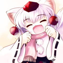 Rule 34 | 1girl, :3, :d, = =, animal ears, detached sleeves, fangs, female focus, hat, highres, inubashiri momiji, open mouth, scarf, smile, solo, tail, tokin hat, touhou, white hair, wolf ears, wolf tail, yume shokunin