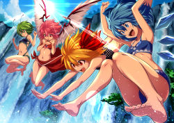 Rule 34 | 4girls, :d, absurdres, antennae, arms up, ass, bare arms, bare legs, bare shoulders, barefoot, bikini, black bikini, blonde hair, blue bikini, blue bow, blue eyes, blue hair, blue sky, bow, breasts, brooch, cirno, clenched hands, cloud, criss-cross halter, day, dive, fang, feathered wings, feet, full body, green eyes, green hair, grin, hair between eyes, hair bow, hair ribbon, halterneck, hands up, head wings, highres, hijikawa arashi, ice, ice wings, jewelry, jumping, knees up, lens flare, light rays, multiple girls, mystia lorelei, navel, no headwear, open mouth, outdoors, pink bow, pink hair, polka dot, polka dot bikini, red bikini, red eyes, red ribbon, ribbon, rumia, sarong, short hair, sky, small breasts, smile, stomach, sun, swimsuit, team 9 (touhou), thighs, touhou, water, waterfall, wings, wriggle nightbug