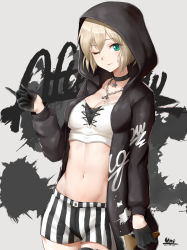 Rule 34 | 1girl, absurdres, aoba moca, artist name, bang dream!, black bra, black choker, black gloves, black jacket, blonde hair, blouse, bra, breasts, choker, cleavage, collarbone, commentary request, cowboy shot, crop top, dated, gloves, half gloves, highres, holding, jacket, jewelry, long sleeves, looking at viewer, midriff, navel, necklace, one eye closed, shirt, short hair, shorts, smile, star (symbol), star choker, stomach, striped clothes, striped shorts, tongue, tongue out, underwear, unique (pixiv12704744), white shirt