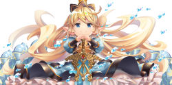 Rule 34 | 1girl, blonde hair, blue eyes, blush, charlotta (granblue fantasy), closed mouth, commentary request, crown, dress, floating hair, granblue fantasy, hand on hilt, harvin, long hair, o (rakkasei), own hands together, pointy ears, smile, solo, sword, v-shaped eyebrows, very long hair, weapon, white background