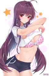 Rule 34 | 1girl, ahoge, artist name, black shorts, blush, bra, breasts, cleavage, crop top, damda, fate/grand order, fate (series), food print, hair intakes, large breasts, long hair, looking at viewer, navel, pink bra, purple hair, red eyes, scathach (fate), shirt, short shorts, short sleeves, shorts, simple background, solo, star (symbol), strawberry print, thighs, underwear, white background, white shirt