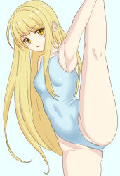 Rule 34 | 1girl, artist request, ballerina, blonde hair, blue background, blue leotard, blush, breasts, collarbone, leotard, long hair, looking at viewer, open mouth, small breasts, split, standing, standing on one leg, standing split, yellow eyes