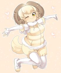 Rule 34 | 1girl, animal ears, blonde hair, blush, breasts, brown horns, closed mouth, commentary request, curled horns, elbow gloves, fingerless gloves, full body, fur collar, gloves, heart, highres, horizontal pupils, horns, jumping, kemono friends, lets0020, looking at viewer, medium bangs, medium breasts, medium hair, one eye closed, outstretched arms, pantyhose, sheep (kemono friends), sheep girl, sheep tail, shirt, shorts, smile, solo, spread arms, sweater vest, tail, white gloves, white pantyhose, white shirt, yellow background, yellow eyes, yellow shorts, yellow sweater vest